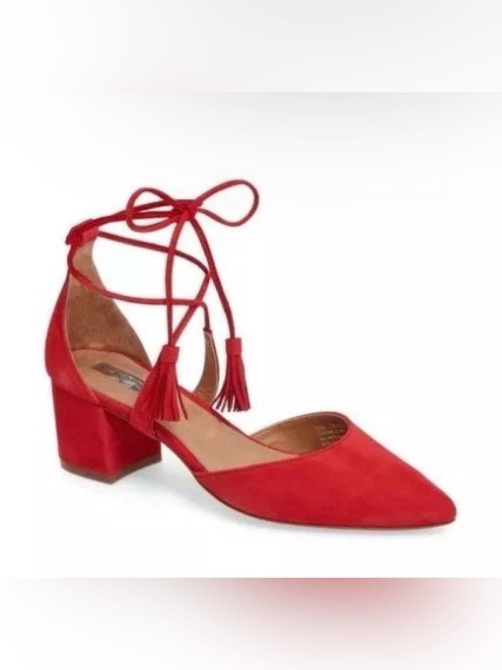 Halogen Hamindy Lea Red Suede Ankle Tie Block Heels Sz 8 Pointed Tassel Comfort